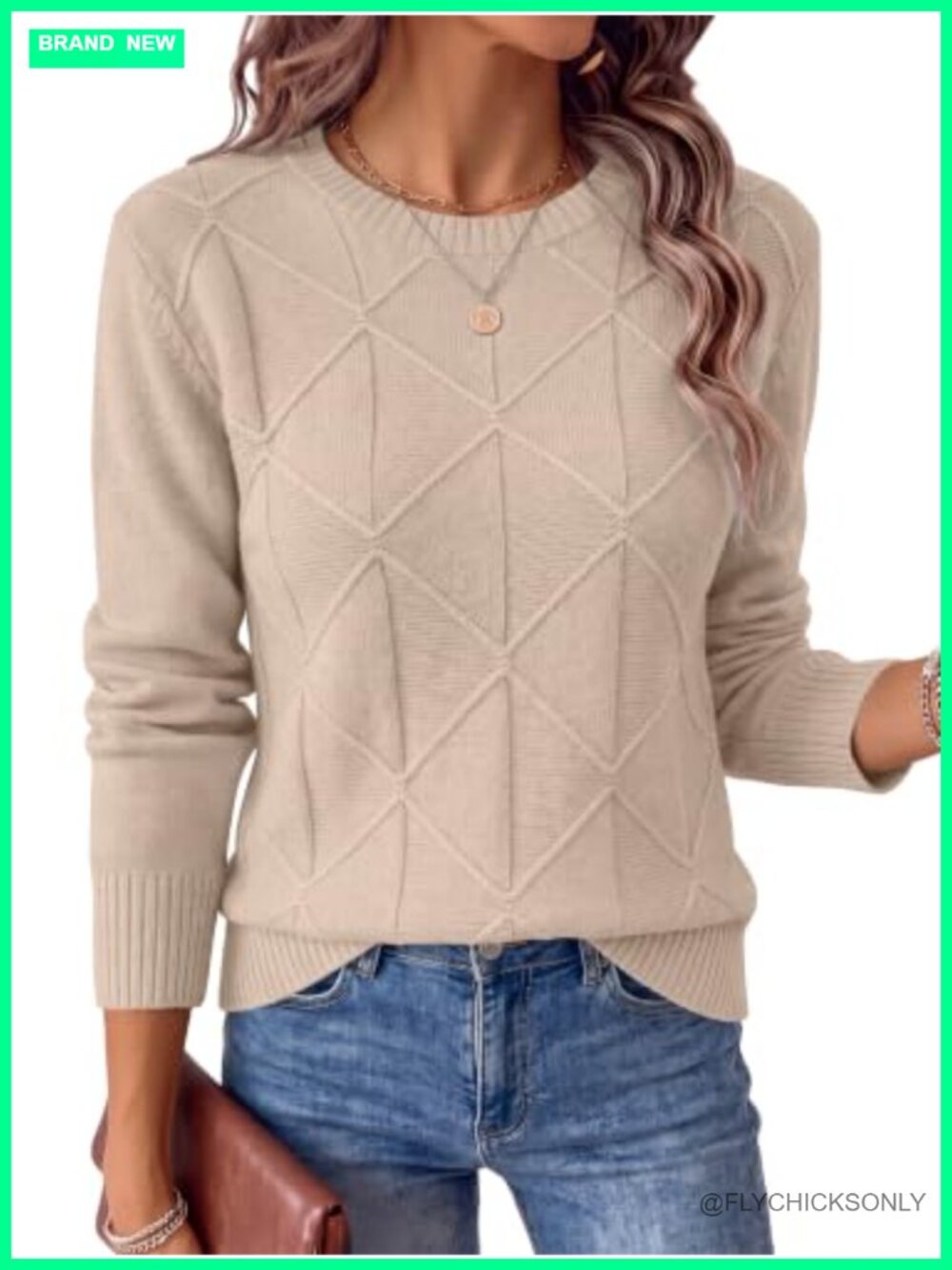 Women's Long Sleeve Crew Neck Argyle Knit Pullover Sweater